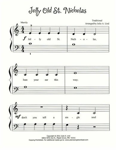 Jolly Old St Nicholas: Free easy Christmas piano sheet music with lyrics