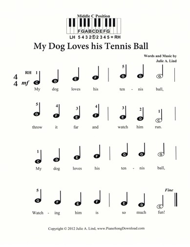 My Dog Loves His Tennis Ball | pre-staff music with letters