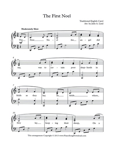 The First Noel: free intermediate piano sheet music with words