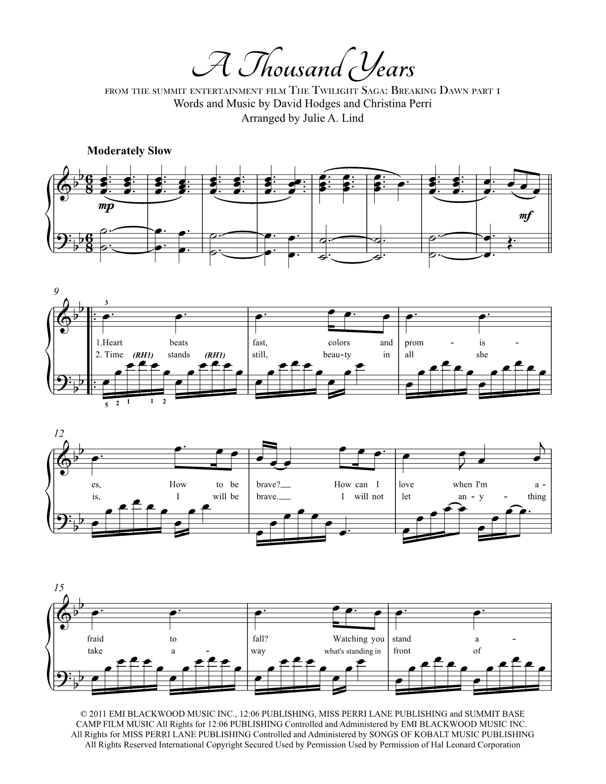 A Thousand Years, piano music arranged by Julie Lind
