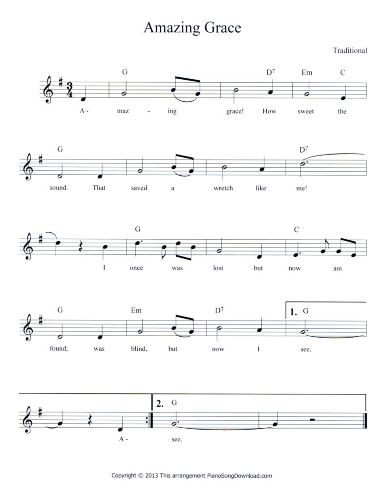Amazing Grace lead sheet in G Major with lyrics and chord symbols