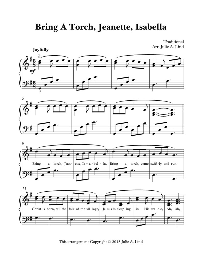 Bring A Torch Jeanette Isabella - Intermediate piano by Julie Lind
