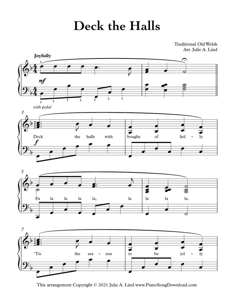 Deck the Halls intermediate piano sheet music