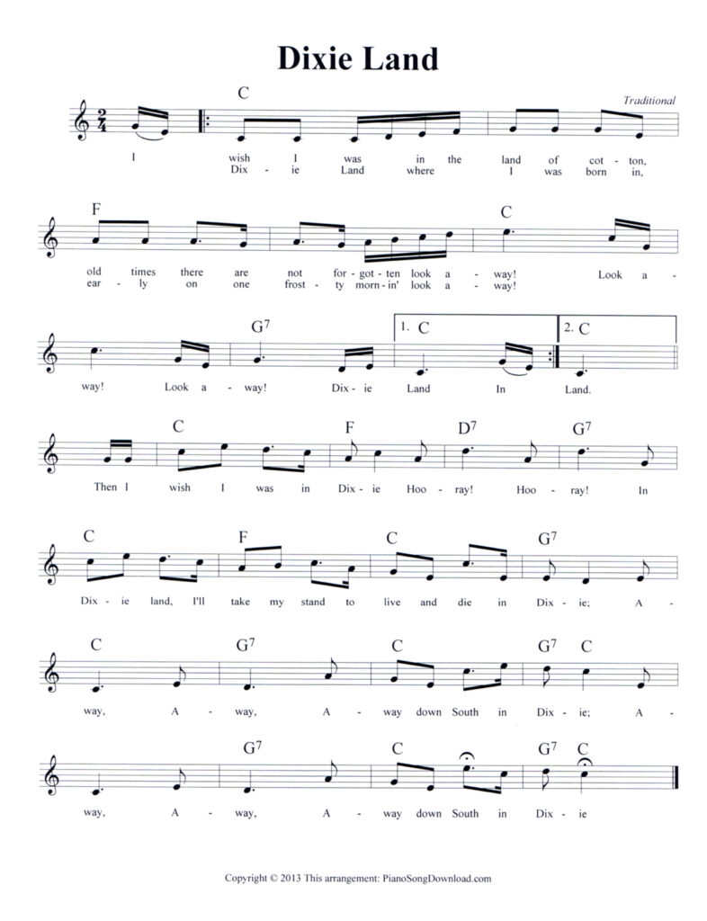Dixie Land lead sheet with chords symbols