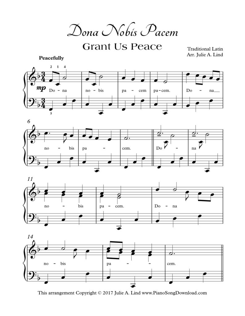 Dona Nobis Pacem intermediate piano sheet music with lyrics