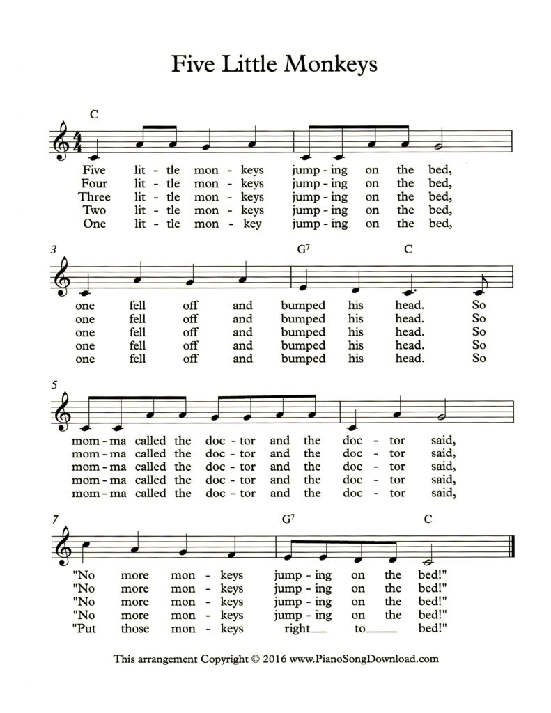 Five Little Monkeys lead sheet with easy chords