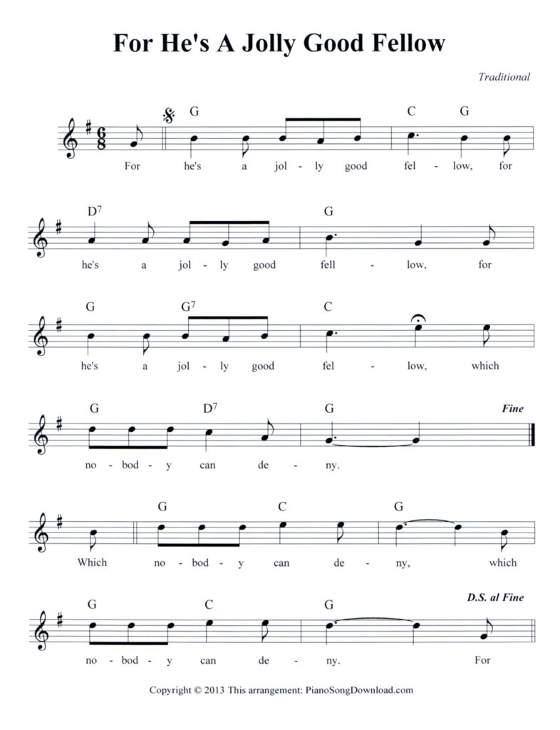 For He's a Jolly Good Fellow lead sheet with chords and lyrics