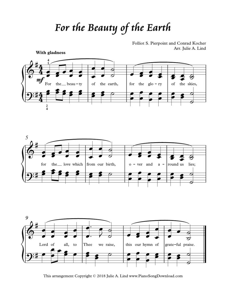 For the Beauty of the Earth intermediate hymn arrangement with lyrics