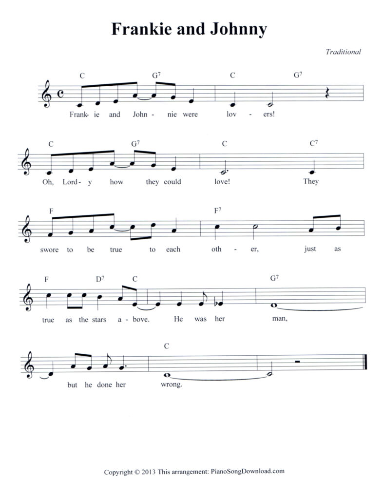 Frankie and Johnny lead sheet with easy chords in C major