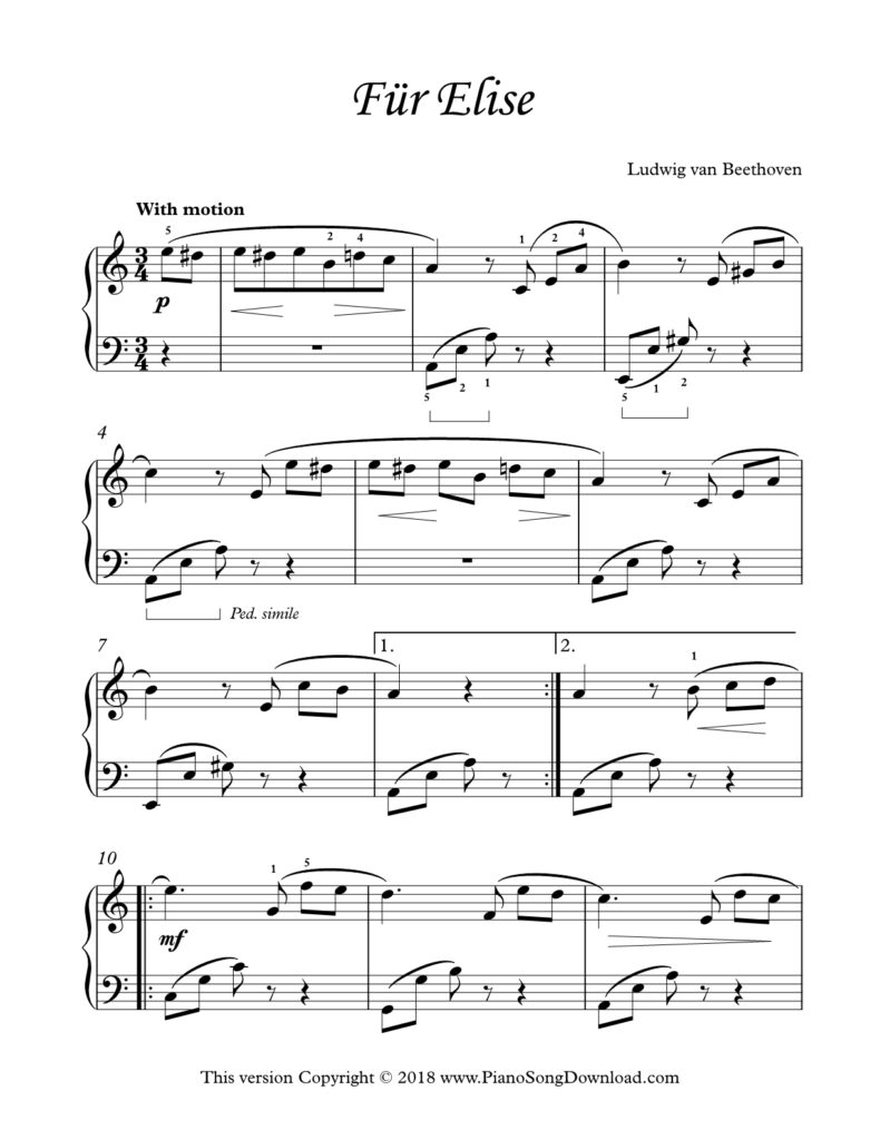 Fur Elise Level 3 piano sheet music by Beethoven