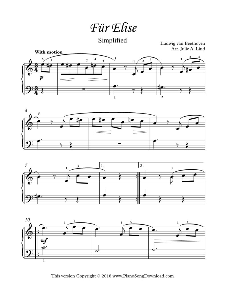 Fur Elise simplified piano sheet music by Beethoven