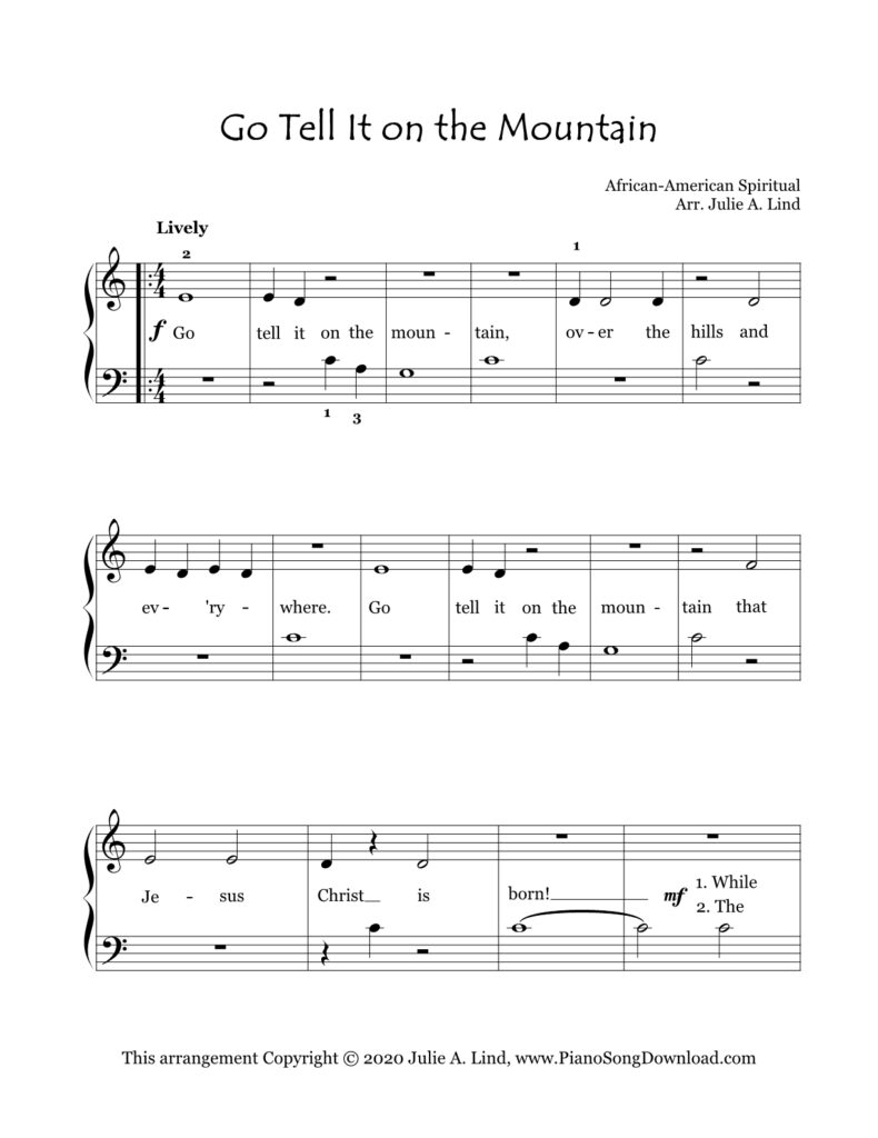 Go Tell It on the Mountain beginner piano arrangement with verses and chorus