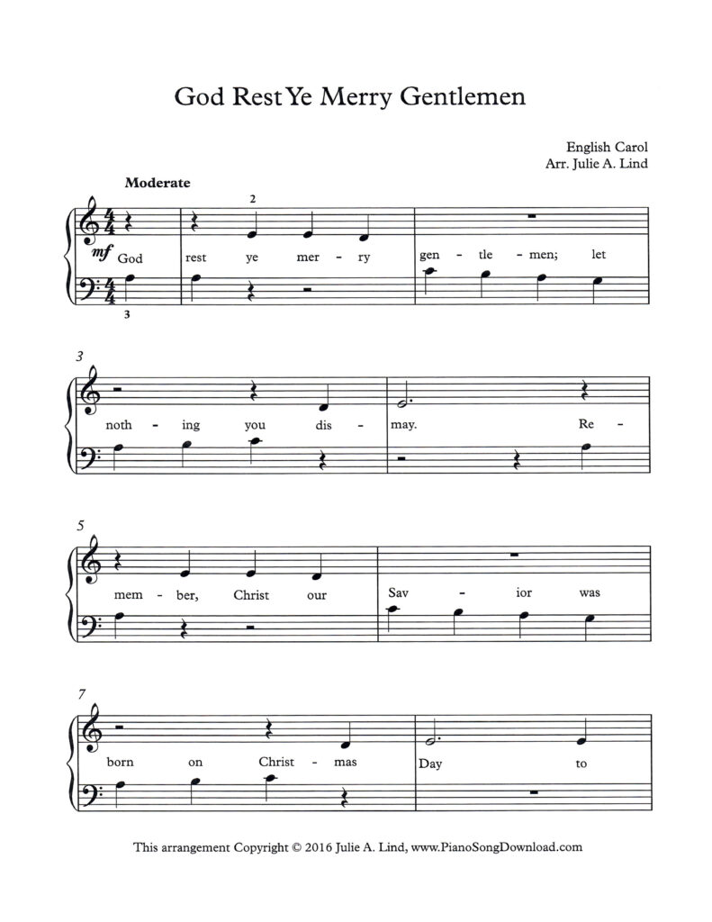 God Rest Ye Merry Gentlemen Level 1 piano sheet music with lyrics