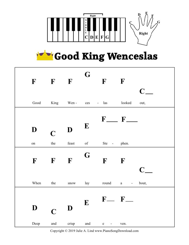 Good King Wenceslas pre-staff piano sheet music with letters