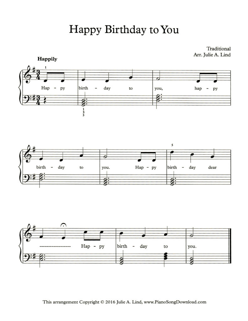 Happy Birthday easy piano arrangement with lyrics and chords