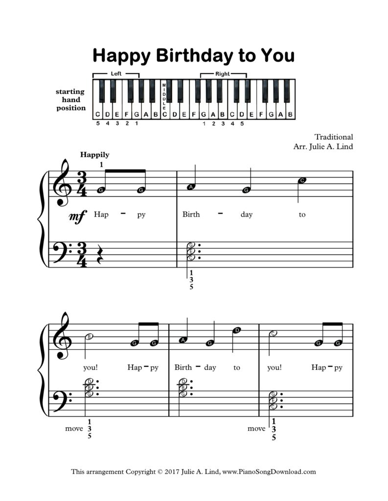 Happy Birthday to You Level 2 piano sheet music with letters and chords
