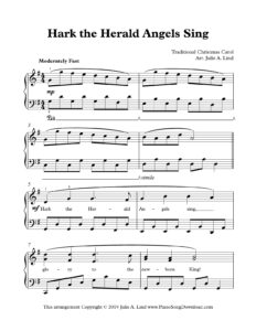 Print the free intermediate piano sheet music for Hark! the Herald Angels Sing, a traditional Christmas carol arranged by Julie Lind. Written in the key of G major, this lively arrangement features a flowing accompaniment that brings warmth and movement to the familiar melody. It is an excellent choice for intermediate pianists who wish to develop expressive playing and pedal technique while preparing music for Christmas worship services, holiday recitals, and seasonal enjoyment. Watch the music video below and hear this arrangement performed by Julie Lind.