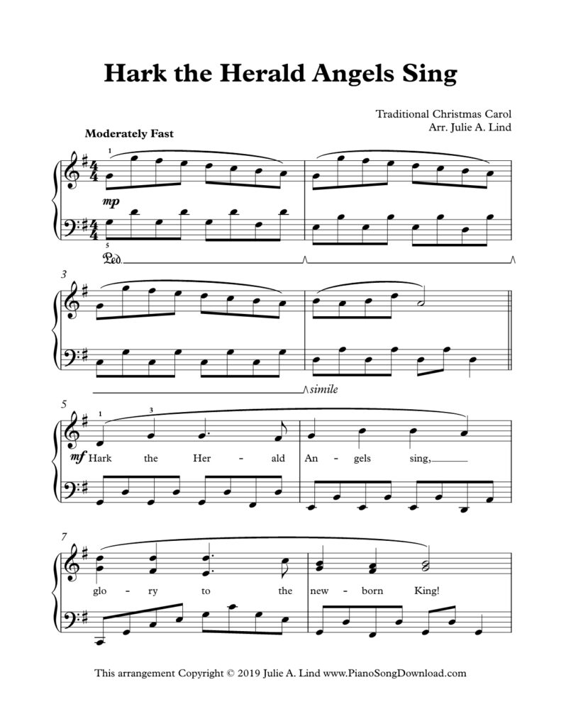 Print the free intermediate piano sheet music for Hark! the Herald Angels Sing, a traditional Christmas carol arranged by Julie Lind. Written in the key of G major, this lively arrangement features a flowing accompaniment that brings warmth and movement to the familiar melody. It is an excellent choice for intermediate pianists who wish to develop expressive playing and pedal technique while preparing music for Christmas worship services, holiday recitals, and seasonal enjoyment. Watch the music video below and hear this arrangement performed by Julie Lind.