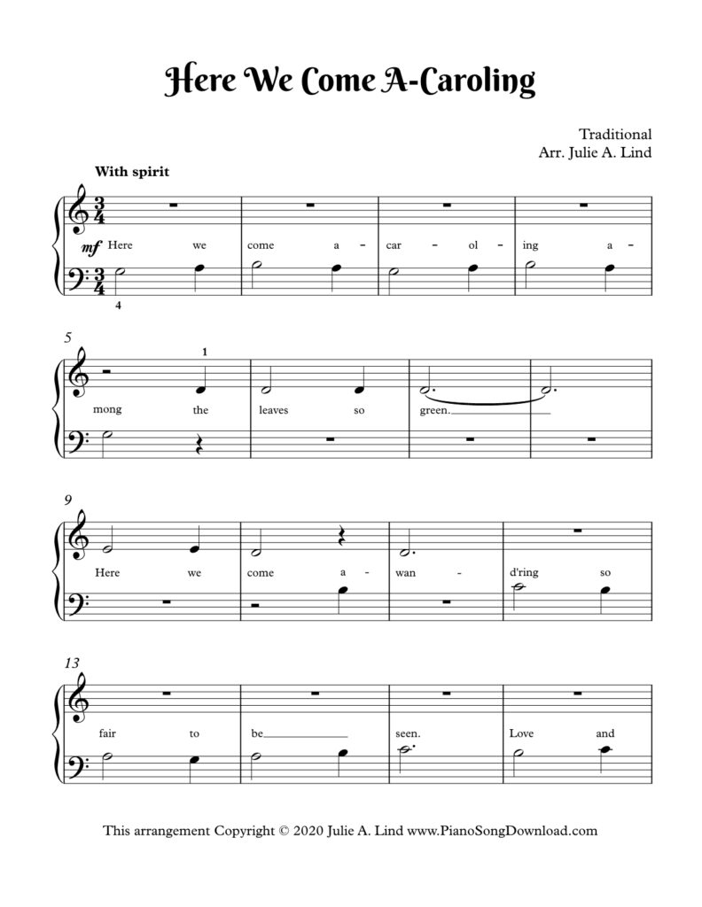 Here We Come A-Caroling easy Christmas piano arrangement