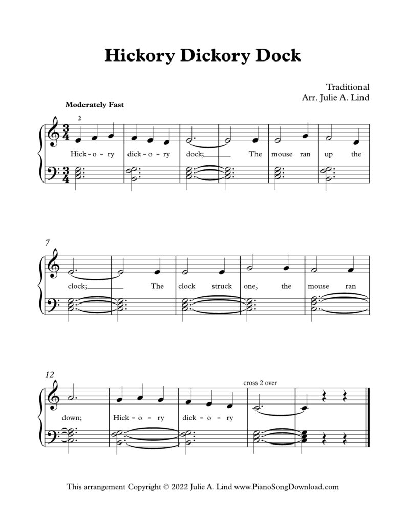 Hickory Dickory Dock piano arrangement with I IV V7 chords
