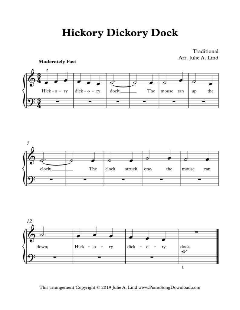 Hickory Dickory Dock easy piano arrangement for beginners