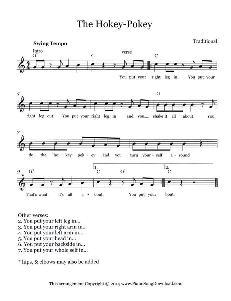 The Hokey-Pokey lead sheet in C major with lyrics and chords