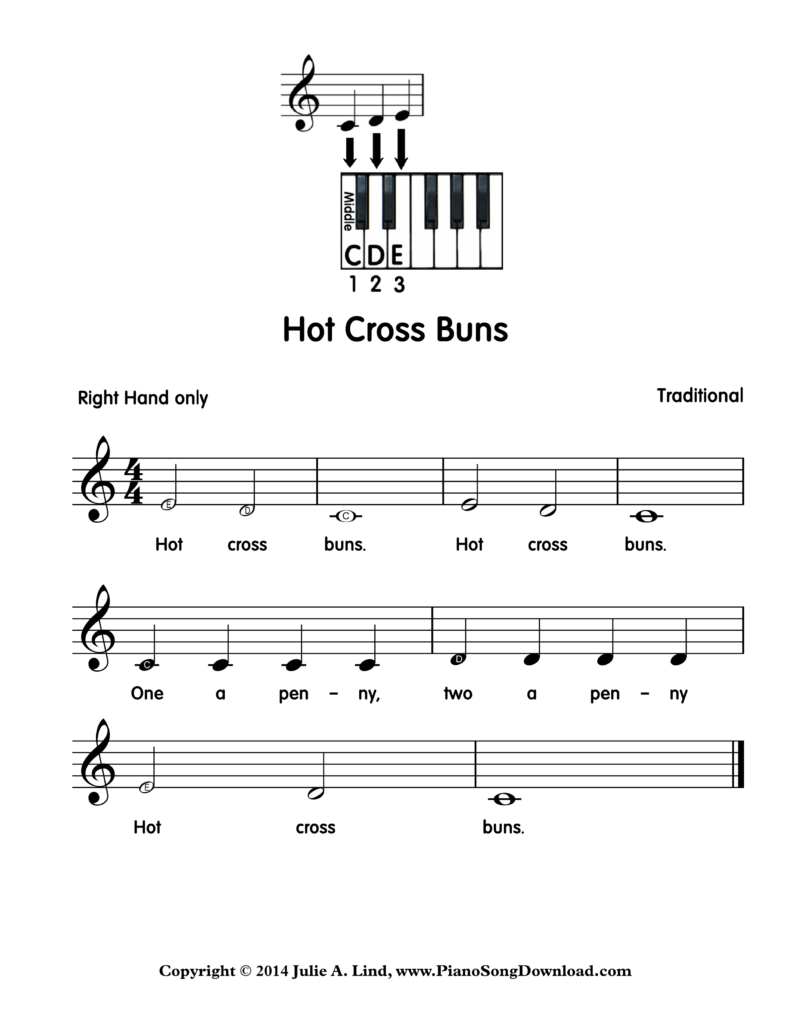 Hot Cross Buns right hand only piano sheet music with letters