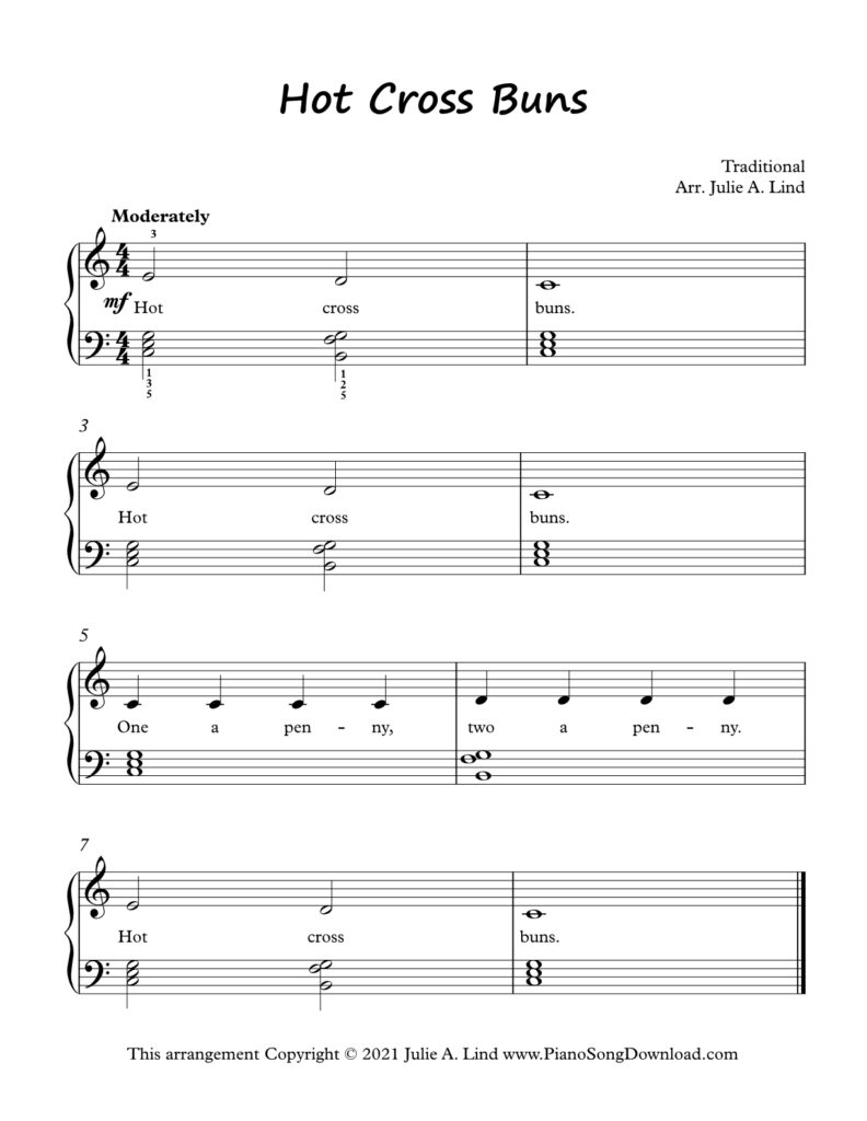 Hot Cross Buns Level 2 piano sheet music with I IV V7 chords