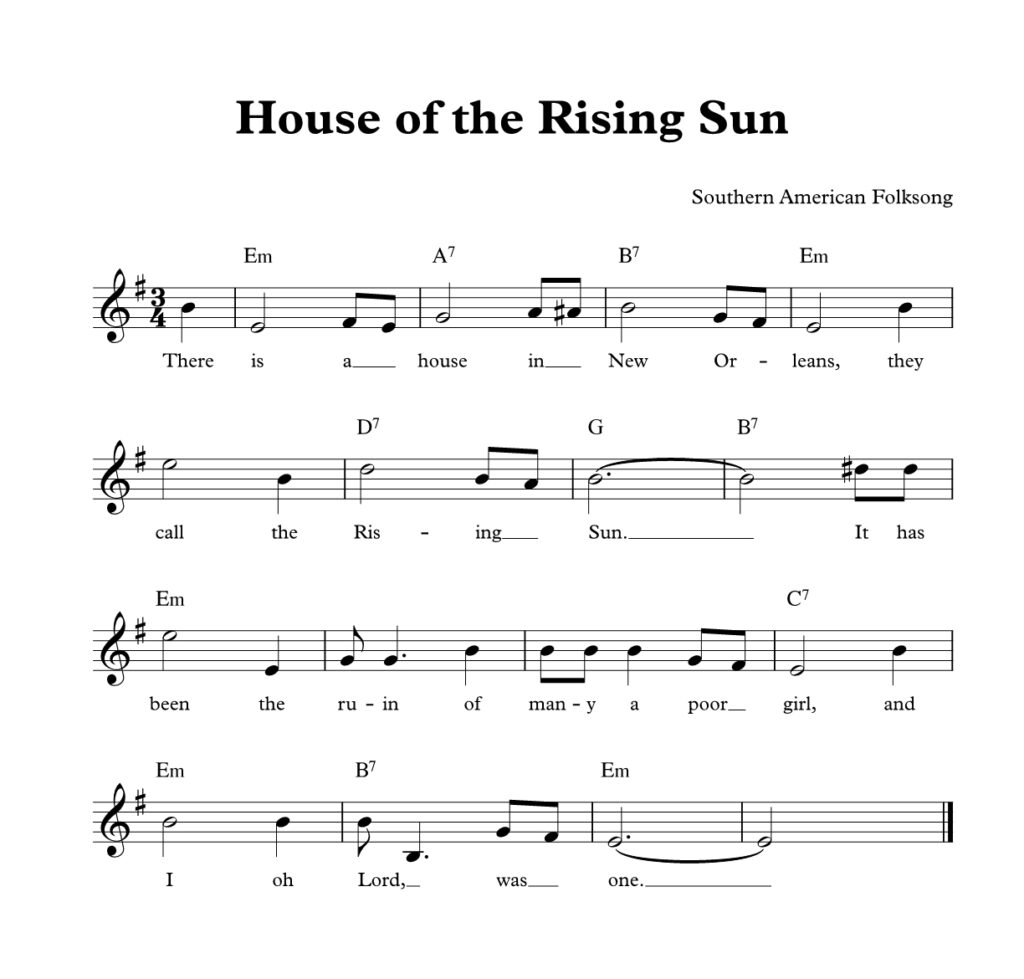 House of the Rising Sun folk song lead sheet for piano