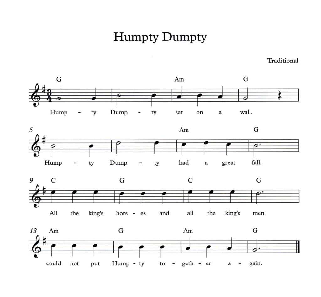 Humpty Dumpty nursery rhyme lead sheet for piano