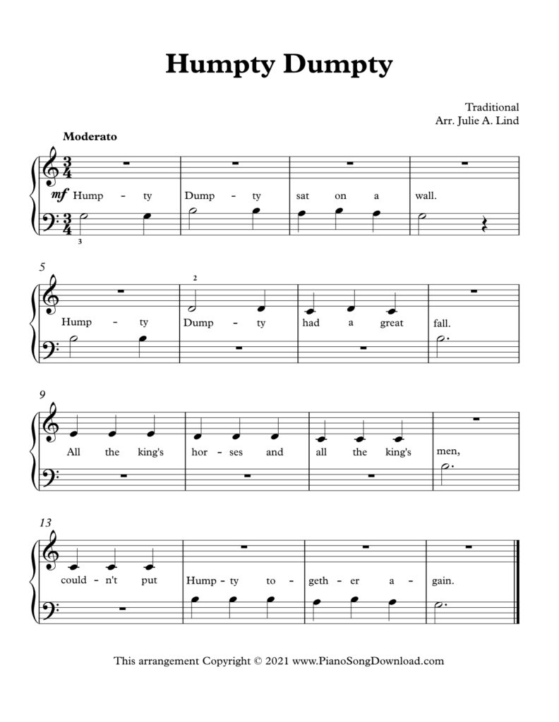 Humpty Dumpty easy piano arrangement for beginners