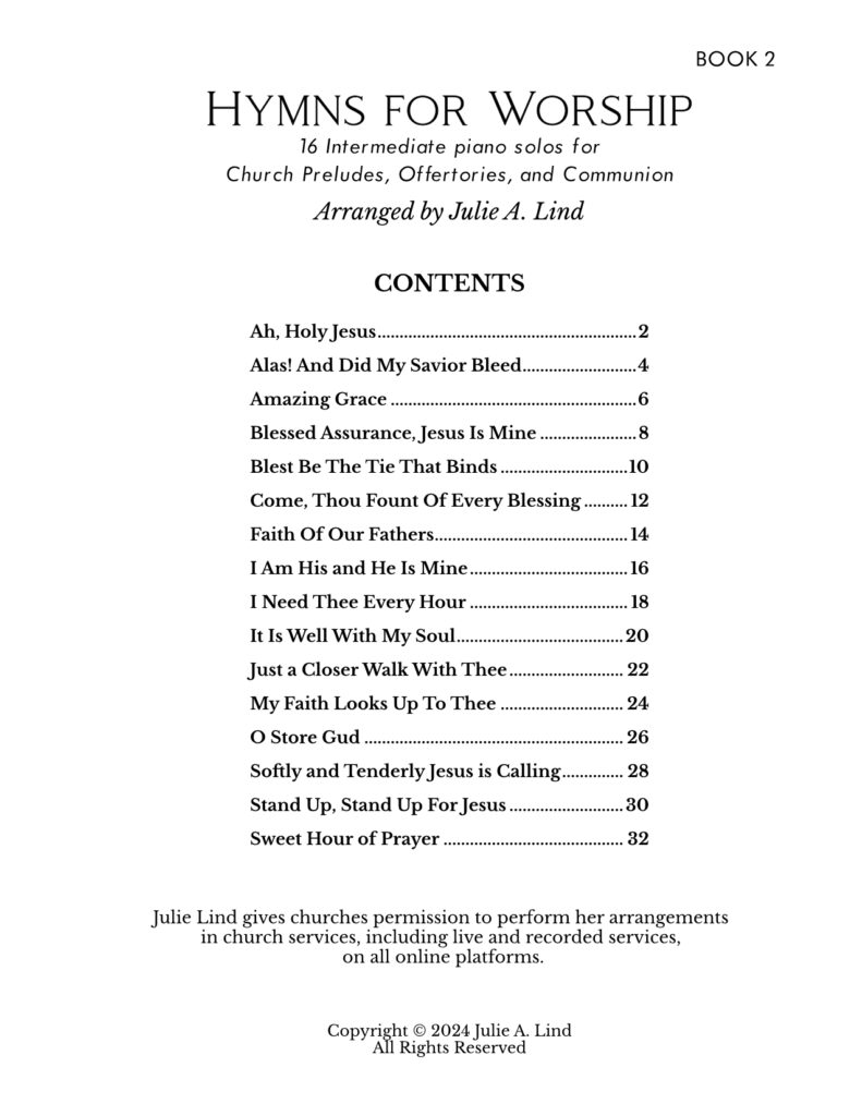Hymns for Worship Content Page