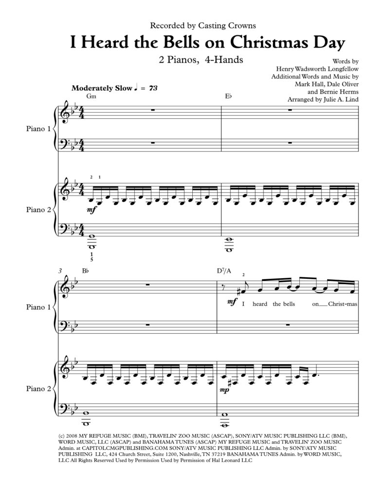 I Heard the Bells on Christmas Day - Duet arranged by Julie Lind