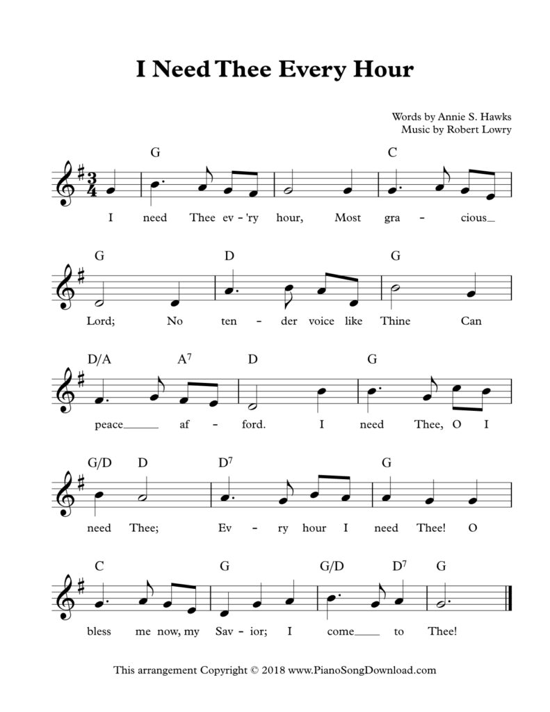 I Need Thee Every Hour lead sheet in G major with lyrics and chords