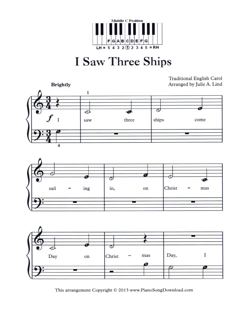 I Saw Three Ships Level 1 piano sheet music with note letters and keyboard diagram