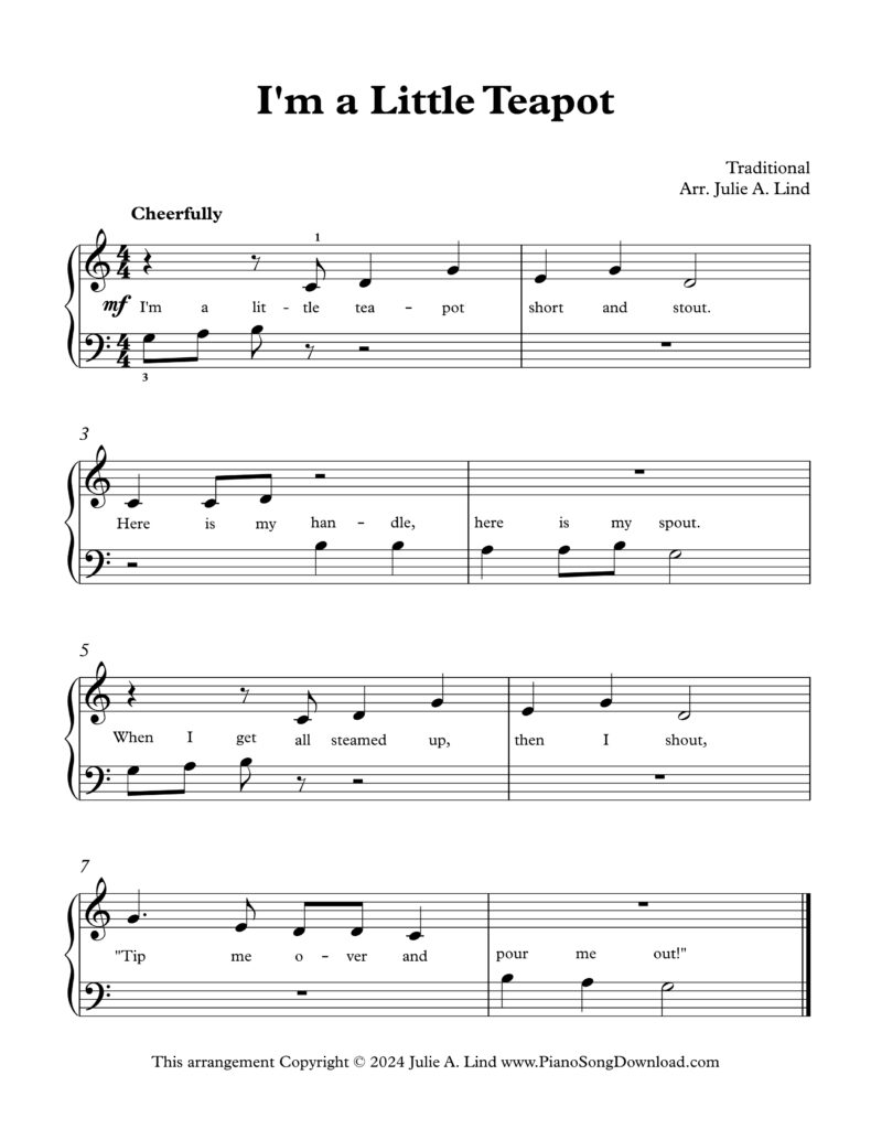 I'm a Little Teapot Level 1 piano sheet music with lyrics