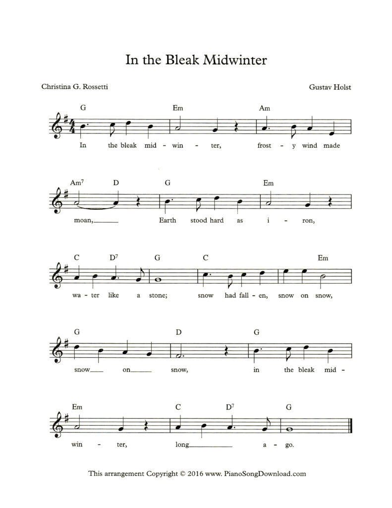 In the Bleak Midwinter lead sheet in G major with lyrics and chords