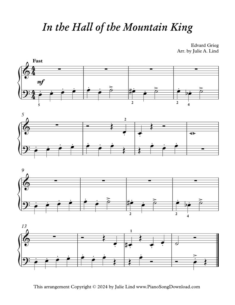 Easy piano arrangement of Grieg's In the Hall of the Mountain King