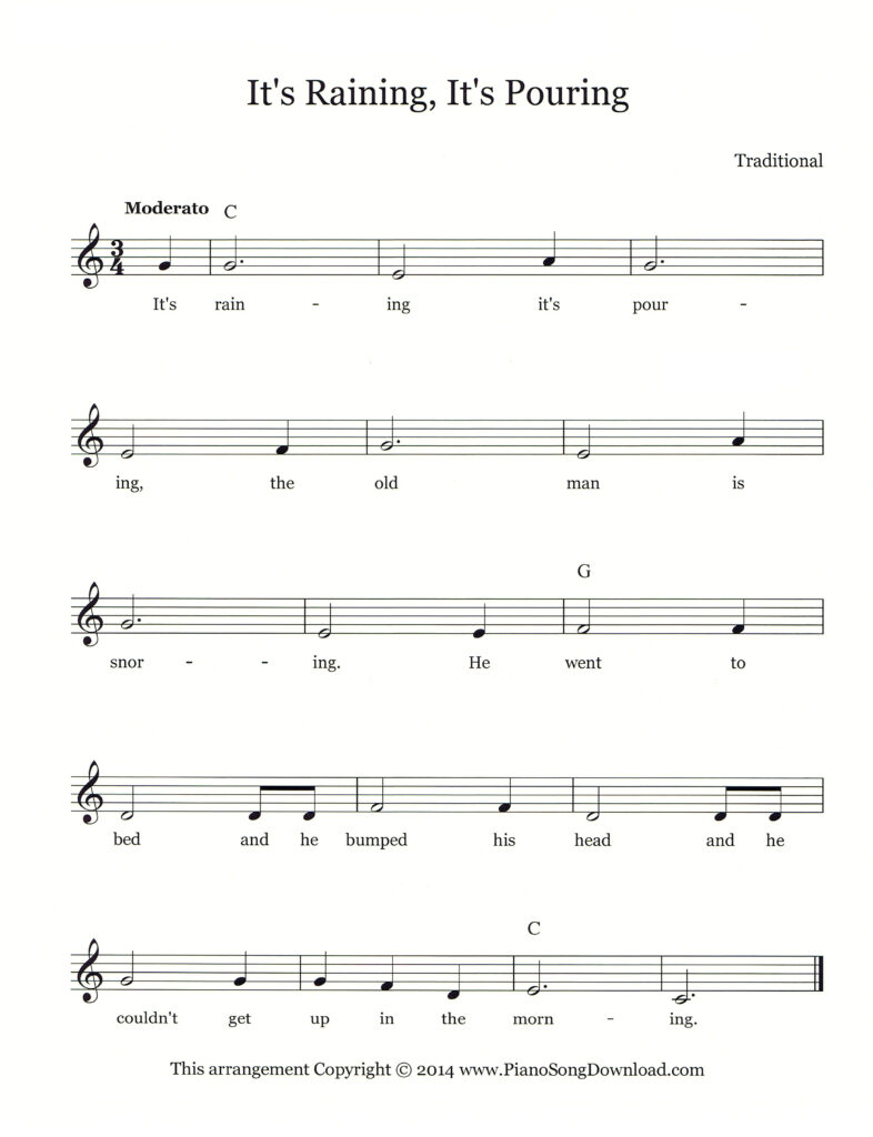 It's Raining, It's Pouring lead sheet in C major with lyrics and chords