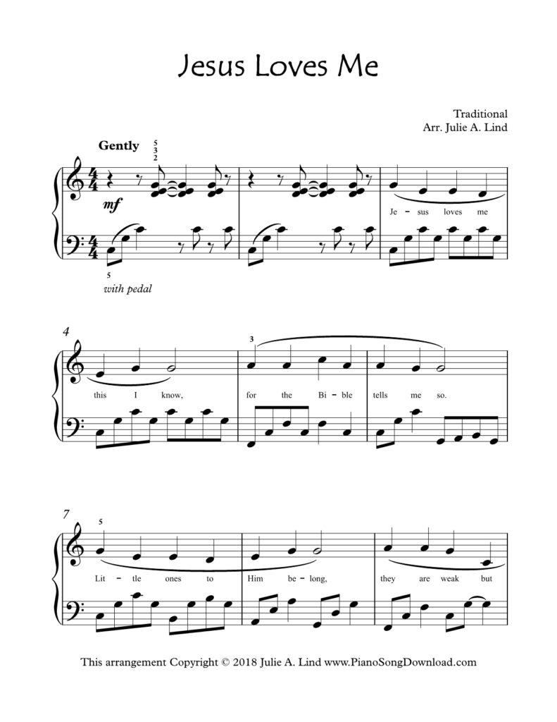 Jesus Loves Me intermediate piano arrangement by Julie Lind