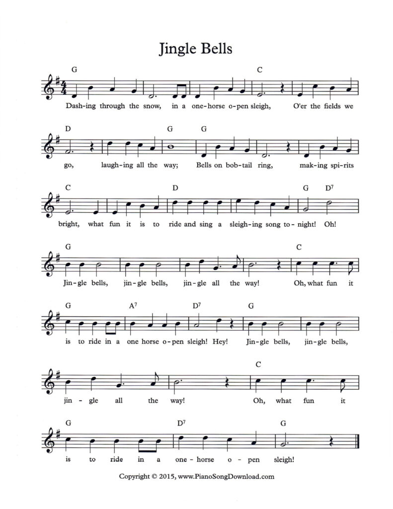 Jingle Bells lead sheet in G Major with lyrics and chord symbols