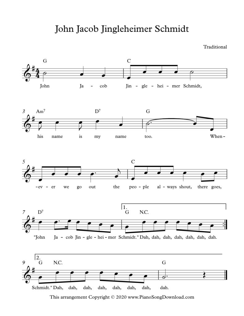 John Jacob Jingleheimer Schmidt lead sheet in G Major with lyrics and chord symbols