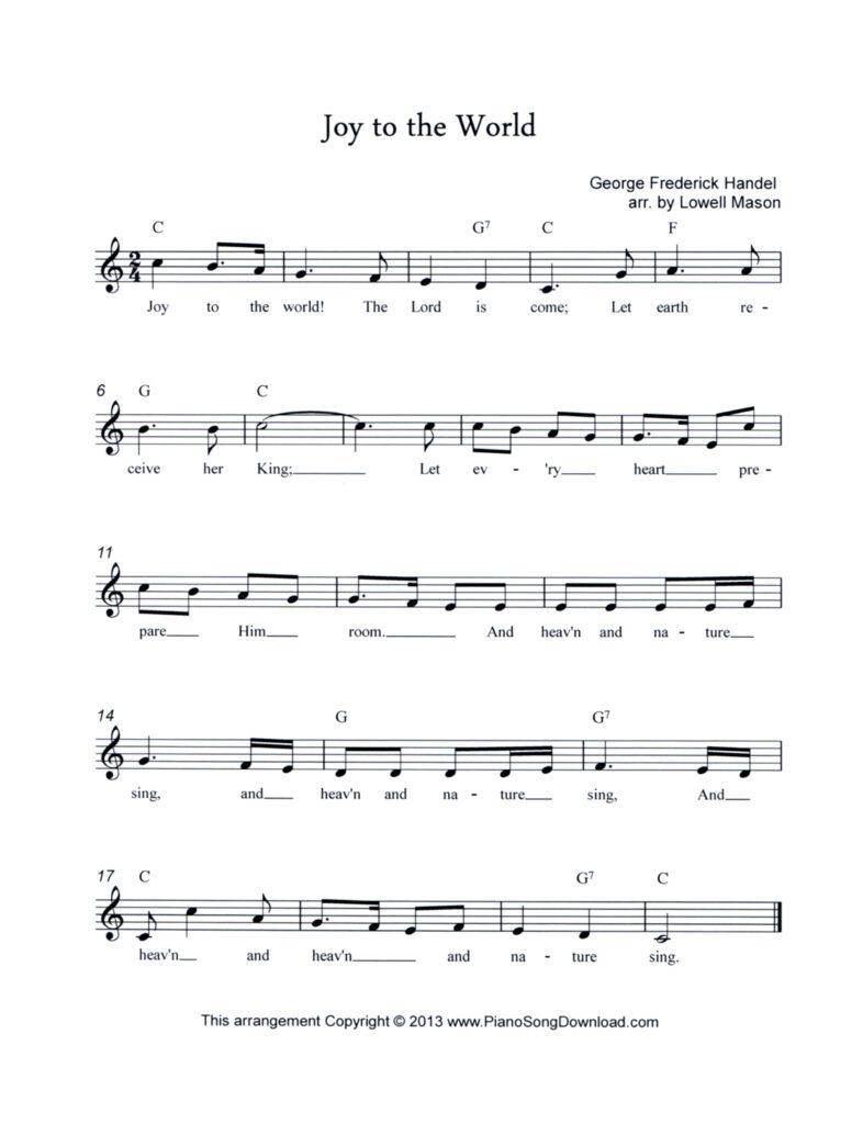 Joy to the World lead sheet in C Major with lyrics and chord symbols