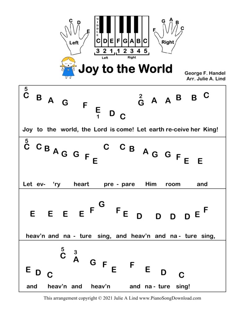Joy to the World pre-staff piano sheet music with hand-position diagrams and letters