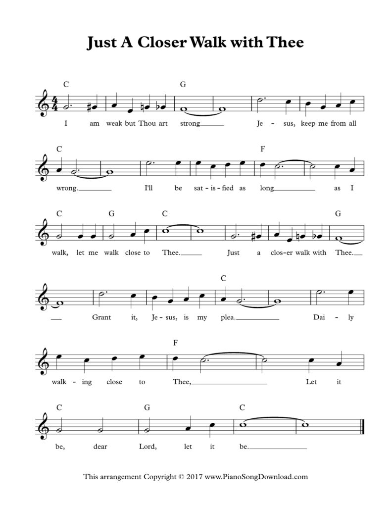 Just a Closer Walk with Thee lead sheet in C Major with lyrics and chord symbols