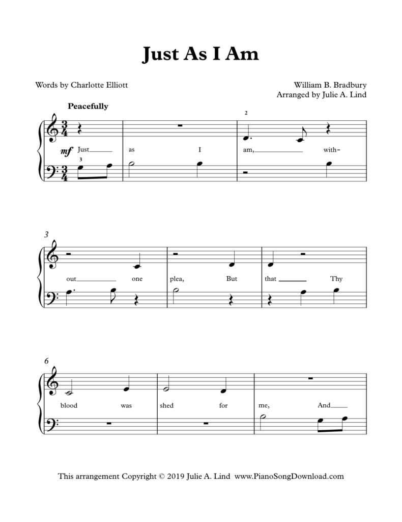 Print the free Level 1 easy piano sheet music for Just As I Am, a beloved hymn arranged by Julie Lind. This beginner arrangement features the melody shared between both hands, helping students develop note-reading skills and hand coordination. Easy notes, dotted quarter-note rhythms, and a familiar melody make this a wonderful introduction to hymn playing. Watch the tutorial below for step-by-step playing instructions.