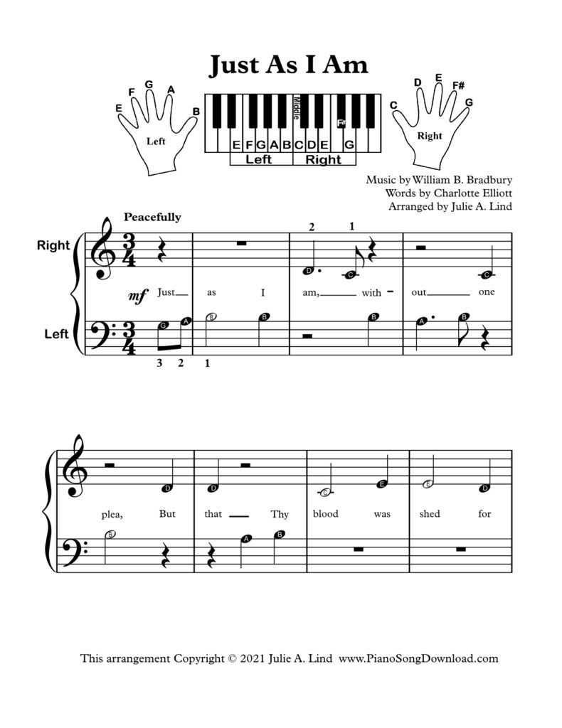 Just As I Am beginner piano sheet music with note letters and hand diagrams