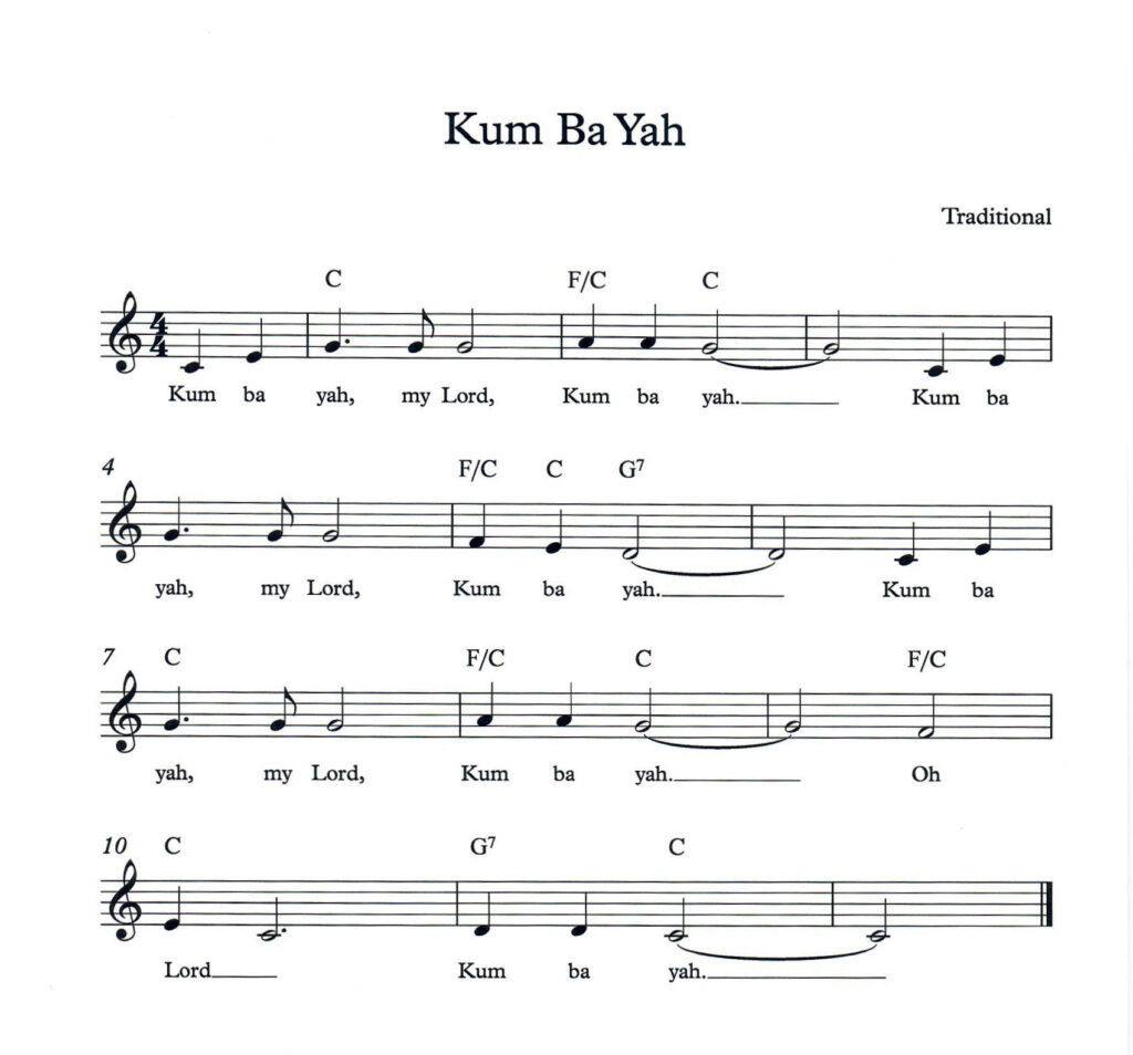 Kum Ba Yah lead sheet in C Major with lyrics and chord symbols