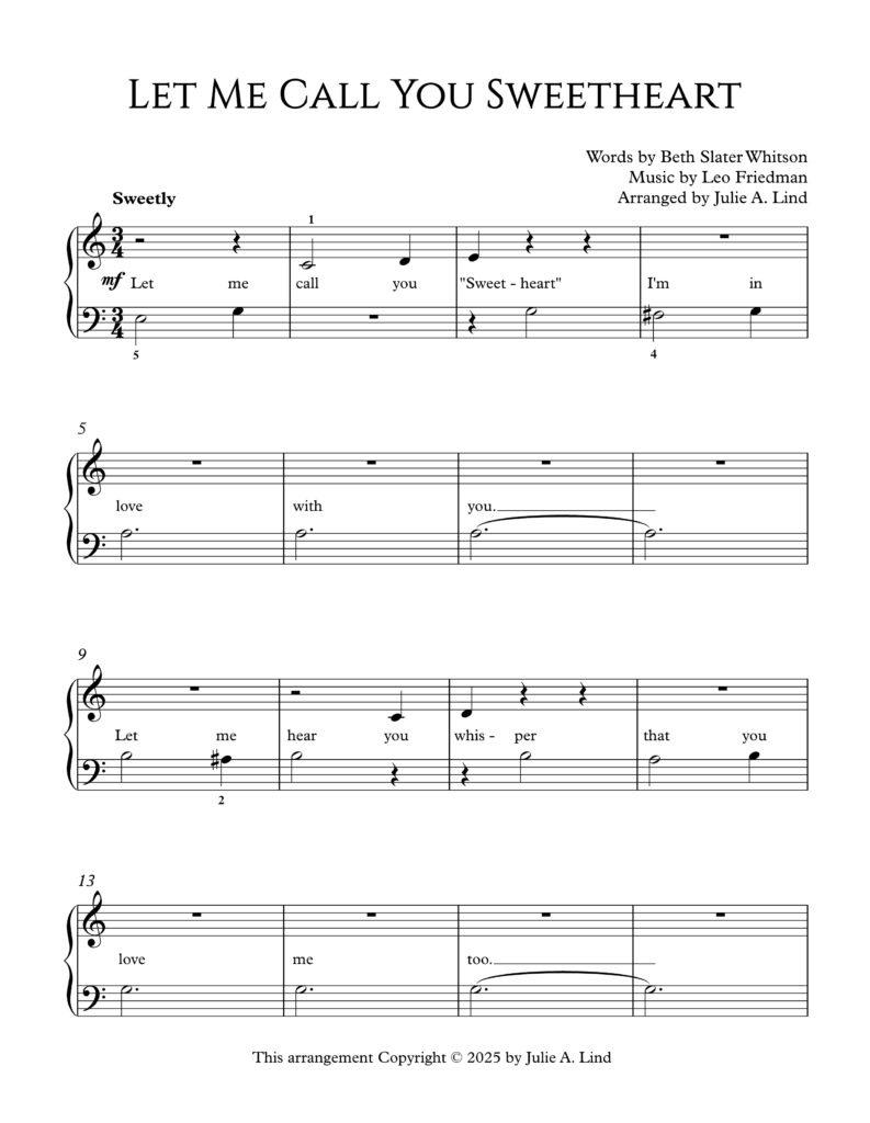 Let Me Call You Sweetheart Level 1 piano sheet music with lyrics