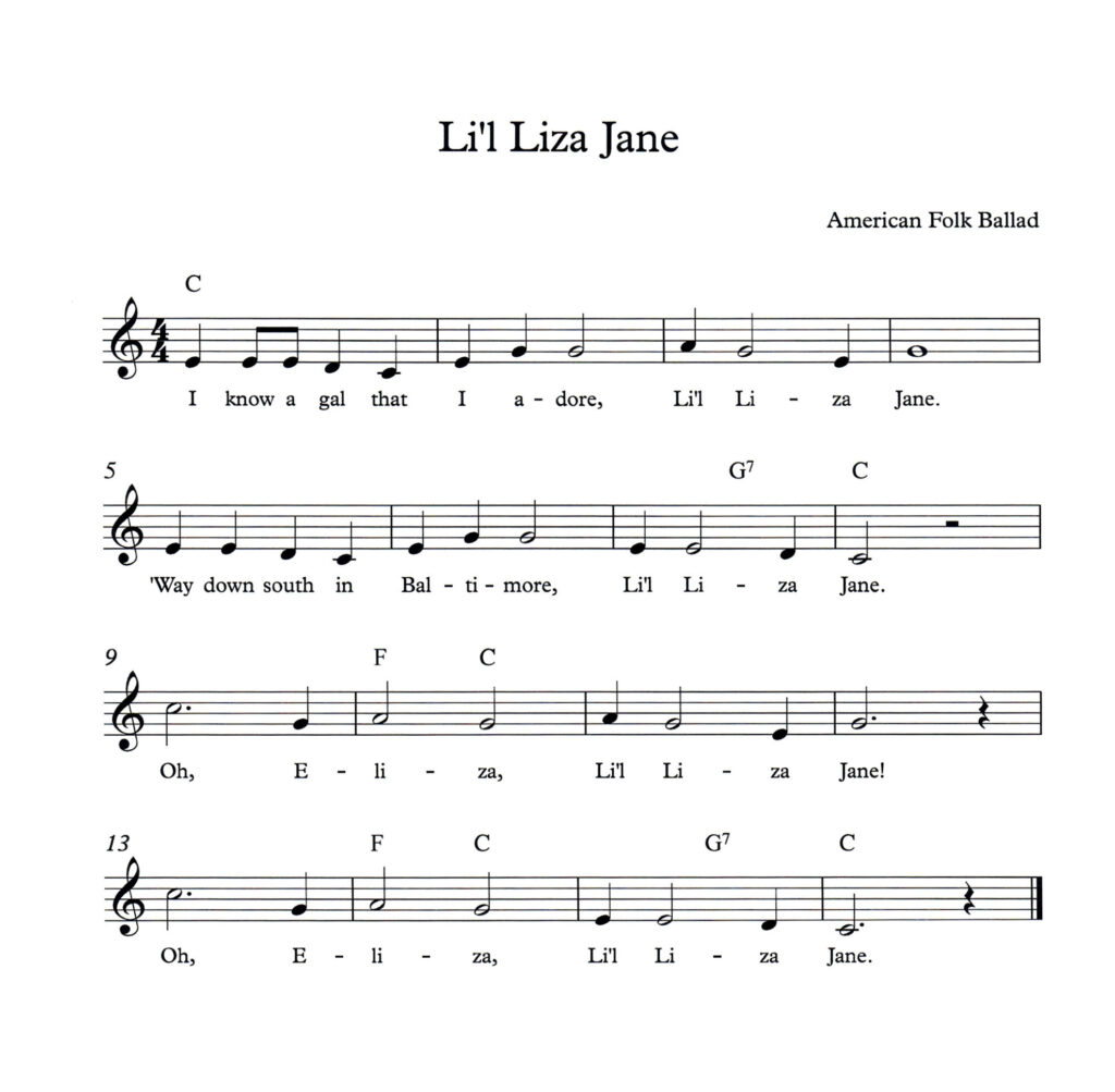 Li'l Liza Jane lead sheet in C Major with lyrics and chord symbols